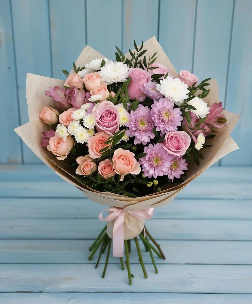 Букет цветов из: Хризантемы, Розы и Альстромерии в Саянске