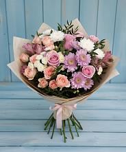 Букет цветов из:  Хризантемы, Розы и Альстромерии в Саянске