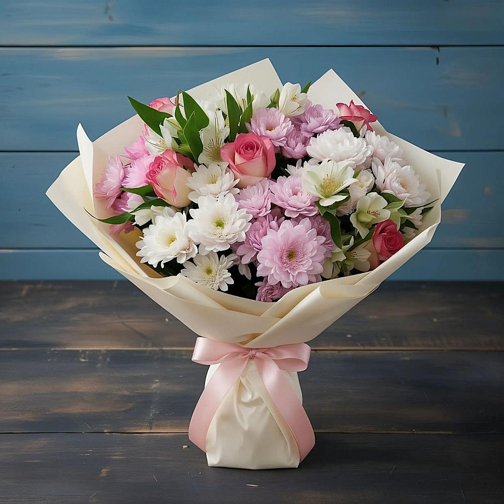 Букет цветов из: Хризантемы, Альстромерии и Розы в Саянске